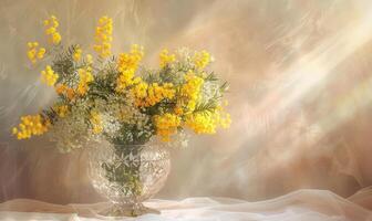 Strauß von Blühen Mimose Geäst im Glas Vase foto