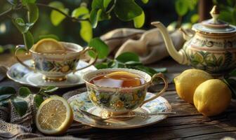 Bergamotte Tee serviert im zart Porzellan Tassen, Nahansicht Aussicht foto
