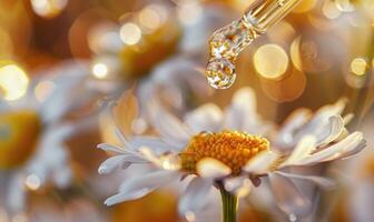 Kamille wesentlich Öl Tröpfchen auf Kamille Blumen, Natur Schönheit Hintergrund foto