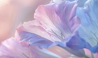 Nahansicht von ein Glockenblume im Sanft Licht, Nahansicht Sicht, selektiv Fokus, Frühling Hintergrund foto