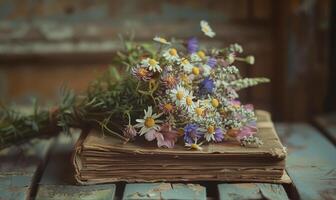 Strauß von Wildblumen platziert auf oben von ein Antiquität Buch foto