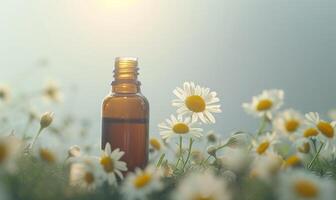 Kamille wesentlich Öl Flasche und Kamille Blumen Nahaufnahme, Haut Pflege kosmetisch Konzept foto