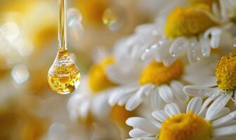 Kamille wesentlich Öl Tröpfchen auf Kamille Blumen, Natur Schönheit Hintergrund foto