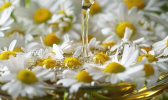 Kamille wesentlich Öl und Kamille Blumen Nahaufnahme, Haut Pflege kosmetisch Konzept foto