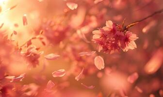 Kirsche blühen Blütenblätter im das Brise, Blumen- Hintergrund, Sanft Fokus, verschwommen Hintergrund foto