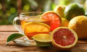 Bergamotte Tee mit frisch Zitrusfrüchte Früchte Scheiben foto