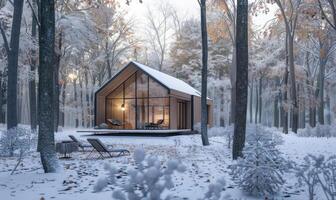 ein minimalistisch modern hölzern Kabine umgeben durch schneebedeckt Bäume im das Winter Wald foto