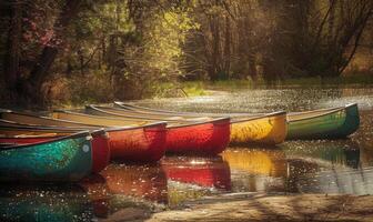 ein Reihe von bunt Kanus geparkt neben ein funkelnd Frühling Fluss foto