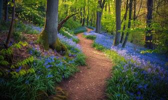 ein Wicklung Weg durch ein üppig Wald Teppichboden mit beschwingt Glockenblumen foto