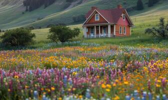 ein charmant Hütte eingebettet inmitten ein Feld von Frühling Wildblumen foto