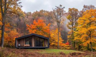 ein gemütlich modern hölzern Kabine umgeben durch bunt Herbst Laub foto