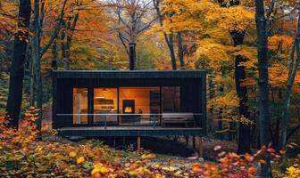 ein gemütlich modern hölzern Kabine umgeben durch bunt Herbst Laub foto