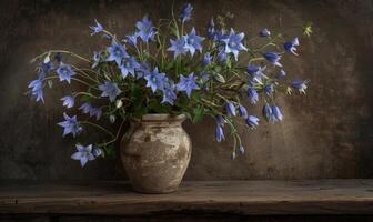 Glockenblume Strauß im ein rustikal Vase foto