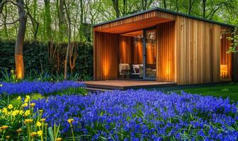 ein heiter modern hölzern Kabine umgeben durch ein üppig Teppich von Glockenblumen und Vergissmeinnicht im ein friedlich Frühling Garten foto