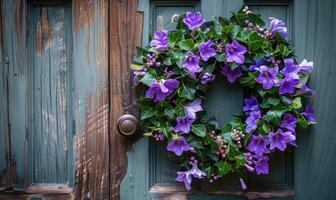 Glockenblume Kranz auf ein hölzern Tür foto