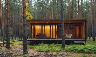 ein modern hölzern Kabine eingebettet unter hoch Kiefer Bäume im das Wald foto