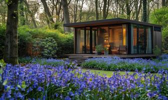 ein heiter modern hölzern Kabine umgeben durch ein üppig Teppich von Glockenblumen und Vergissmeinnicht im ein friedlich Frühling Garten foto