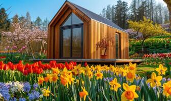 ein modern hölzern Kabine umgeben durch Blühen Tulpen und Narzissen im ein beschwingt Frühling Garten foto