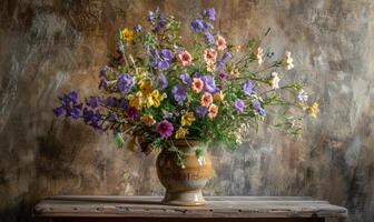 Wildblume Strauß im ein rustikal Vase foto