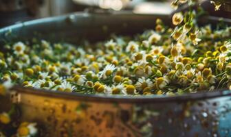 Nahansicht von Kamille Blumen Sein destilliert, Natur Schönheit Hintergrund foto