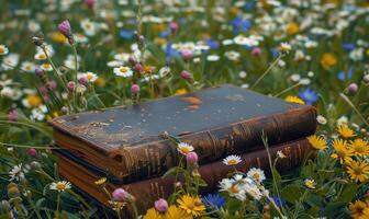 alt Buch Lügen auf ein grasig Hügel umgeben durch Wildblumen foto