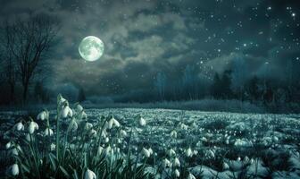 Schneeglöckchen im ein Wiese unter das Mondlicht foto