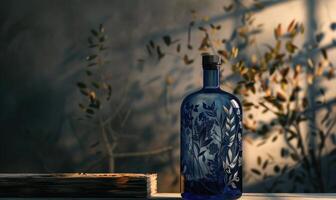 Kobalt Blau Glas Flasche mit botanisch Abbildungen auf Hintergrund mit texturiert Schatten foto