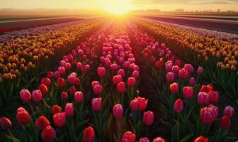 Tulpe Feld beim Sonnenaufgang, Tulpe Hintergrund foto