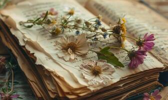 Nahansicht von Wildblumen gedrückt zwischen Seiten von ein alt Buch foto