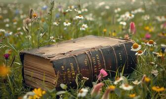 alt Buch Lügen auf ein grasig Hügel umgeben durch Wildblumen foto