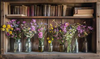 Jahrgang Bücherregal geschmückt mit Vasen von frisch gepflückt Wildblumen foto