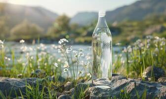 Kristall klar Glas Flasche Attrappe, Lehrmodell, Simulation präsentieren ein Prämie Qualität Mineral Wasser bezogen von natürlich Federn foto