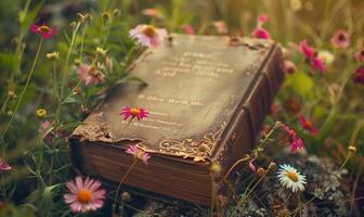 Jahrgang Buch umgeben durch Wildblumen foto