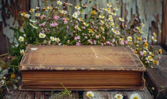 Jahrgang Buch umgeben durch Wildblumen foto