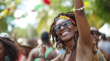 ai generiert ein Karibik Frau ist Tanzen zu Reggae Musik- beim ein Festival im Jamaika foto