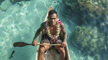 ai generiert ein Pazifik Insulaner Mann mit Tätowierungen und ein Blume Girlande ist navigieren ein Kanu im das klar Wasser von Fidschi foto