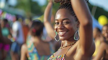 ai generiert ein Karibik Frau ist Tanzen zu Reggae Musik- beim ein Festival im Jamaika foto