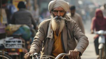 ai generiert ein mittleren Alters Mann von Süd Asien, mit ein Turban und ein Bart, ist Reiten ein Fahrrad im ein beschäftigt Straße im Delhi foto