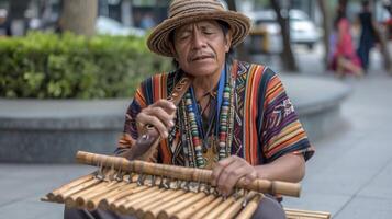 ai generiert ein Süd amerikanisch Straße Künstler ist spielen das schwenken Flöte im ein Platz im Lima, Peru foto