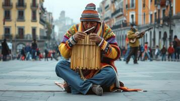 ai generiert ein Süd amerikanisch Straße Künstler ist spielen das schwenken Flöte im ein Platz im Lima, Peru foto