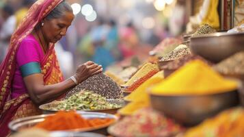 ai generiert ein Süd asiatisch Frau im ein bunt Saree ist Verkauf Gewürze im ein überfüllt Markt im Mumbai foto