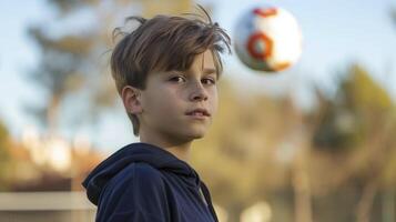 ai generiert ein Teenager Junge von Europa, mit ein entschlossen Ausdruck und ein Fußball Ball, ist üben seine Schüsse auf ein Feld im Madrid, Spanien foto