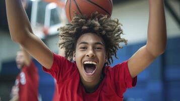 ai generiert ein Teenager Junge von Norden Amerika, mit ein aufgeregt Ausdruck und ein Basketball, ist feiern ein gewinnen Schuss im ein Schule im Chicago, USA foto