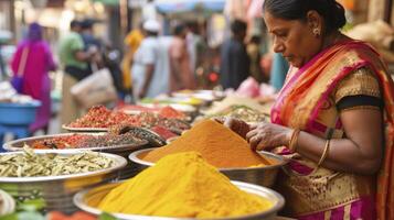 ai generiert ein Süd asiatisch Frau im ein bunt Saree ist Verkauf Gewürze im ein überfüllt Markt im Mumbai foto