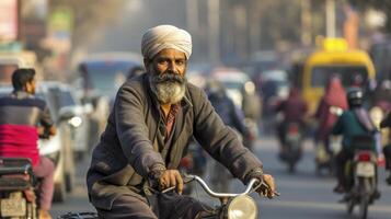 ai generiert ein mittleren Alters Mann von Süd Asien, mit ein Turban und ein Bart, ist Reiten ein Fahrrad im ein beschäftigt Straße im Delhi foto