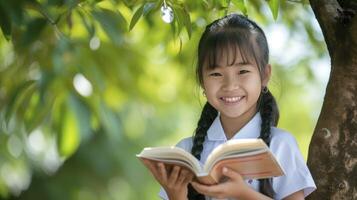 ai generiert ein Teenager Mädchen von Süd-Ost Asien, mit ein hell Lächeln und Schule Uniform, ist lesen ein Buch unter ein Baum im Vietnam, foto