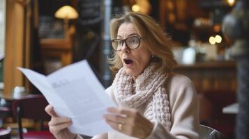 ai generiert ein Mitte alt Frau von Western Europa, mit ein überrascht Ausdruck und ein Brief im ihr Hand, ist lesen gut Nachrichten im ein Cafe im Paris foto