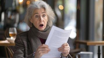 ai generiert ein Mitte alt Frau von Western Europa, mit ein überrascht Ausdruck und ein Brief im ihr Hand, ist lesen gut Nachrichten im ein Cafe im Paris foto