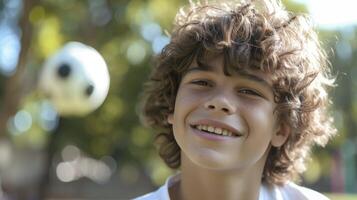 ai generiert ein Teenager spanisch Junge mit lockig braun Haar und ein hell Lächeln ist spielen Fußball im ein Park im Buenos Aires foto