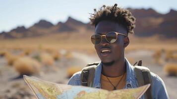 ai generiert ein jung afrikanisch Mann, mit ein aussehen von Aufregung und ein Karte, ist Planung ein Straße Ausflug über Namibia foto